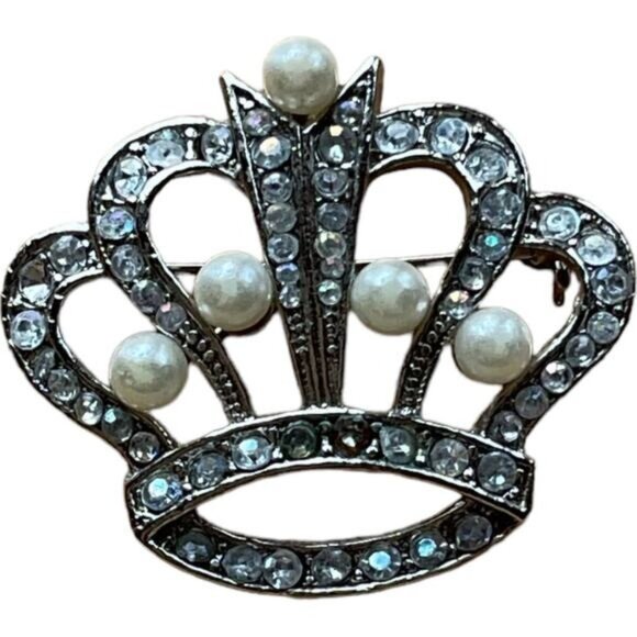 Vintage Rhinestone & Faux Pearl Crown Brooch Pin - Picture 1 of 3